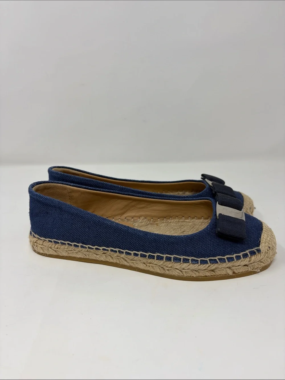 Salvadore Ferragamo Navy Canvas Espadrille Flats with Bow Accent Size 8